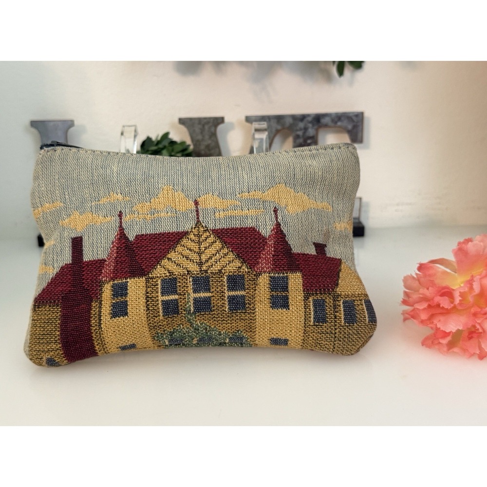 Vintage Tapestry Row Houses Embroidered Style Zippered Bag Makeup Pouch 7"X5"